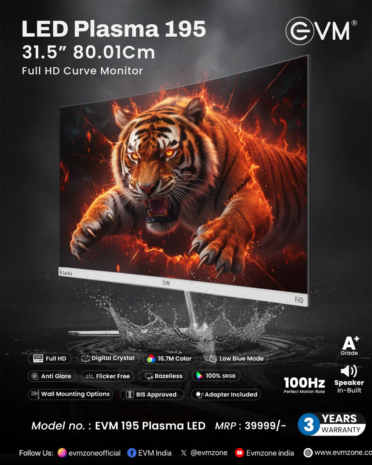 EVM LED Monitor 32" FHD VA 100Hz with HDMI | VGA | Speaker (190 Plasma) White view 2